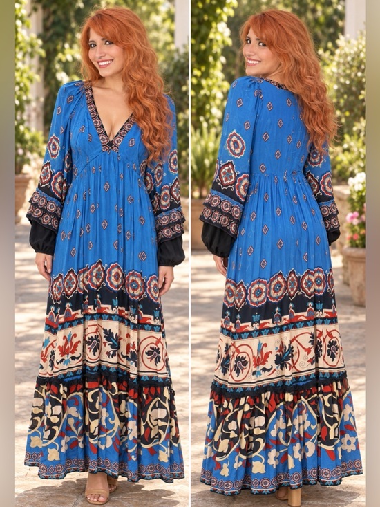 FARM Rio Dresses & Skirts - FARM Rio Blue Ornamental Print Balloon-Sleeve Maxi Dress